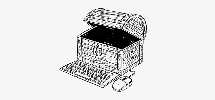 A drawing of a treasure chest, with a computer mouse and keyboard plugged to it