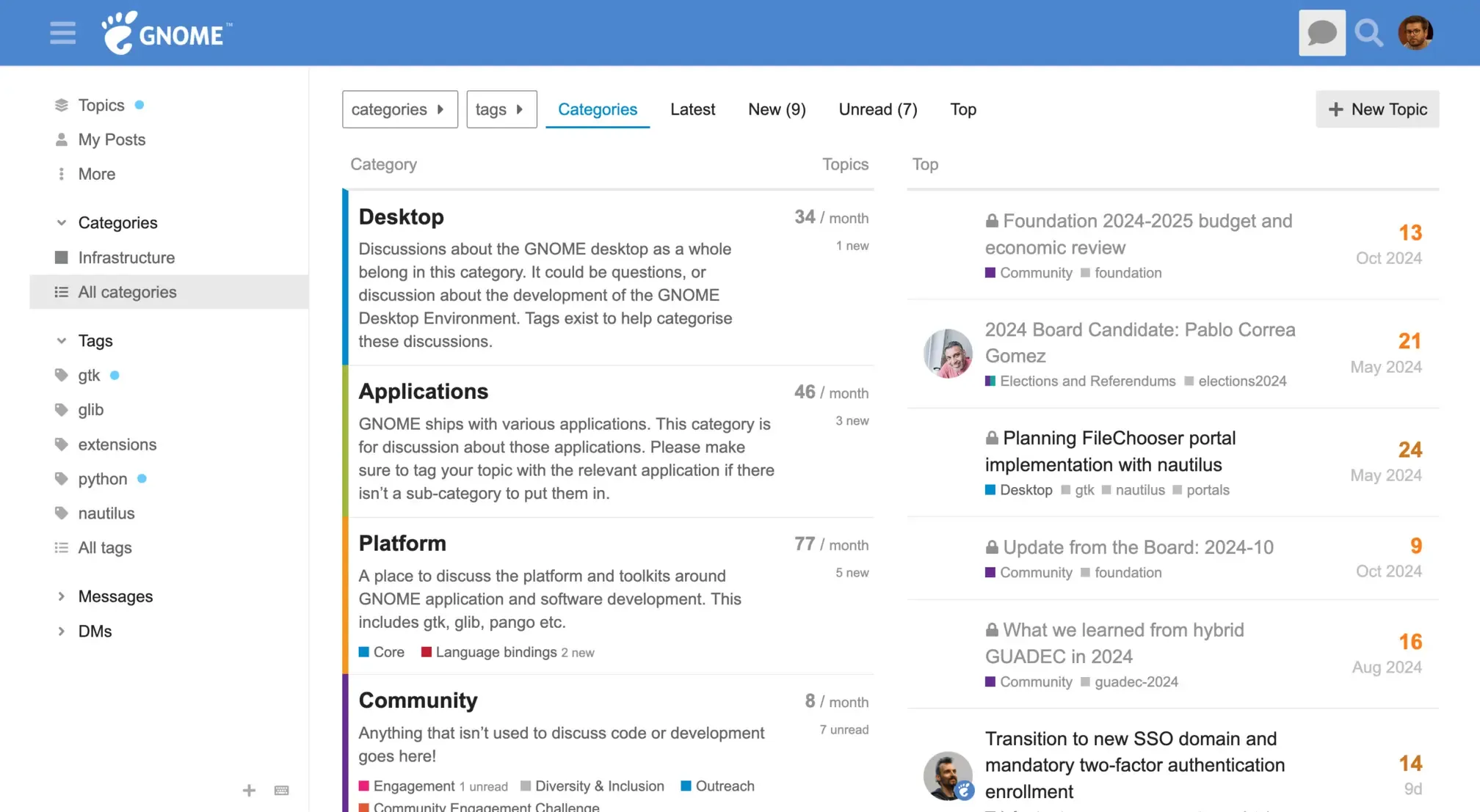 A screenshot of the Discourse forum of the GNOME community. The UI list main categories in a column, and most popular topics in another, resulting in a jarring view where different items are promoted with the same importance.