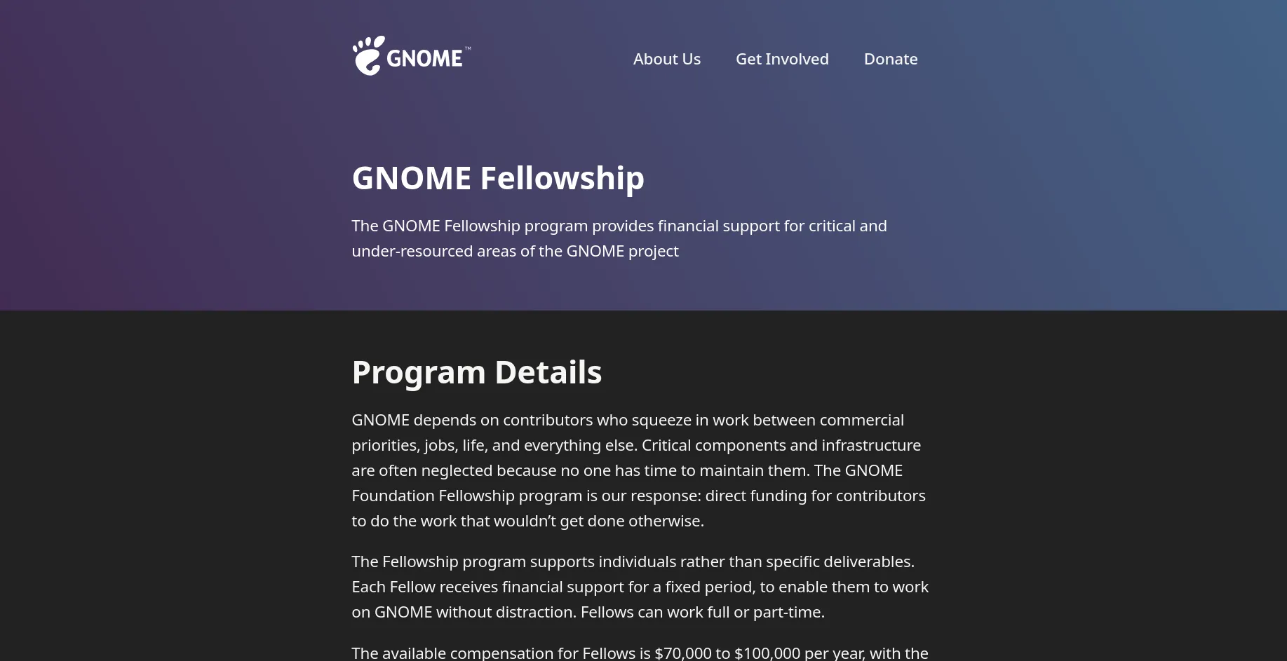 A screenshot of the GNOME Fellowship website, showing the first sections. Go to https://fellowship.gnome.org if you're interested in the actual content.