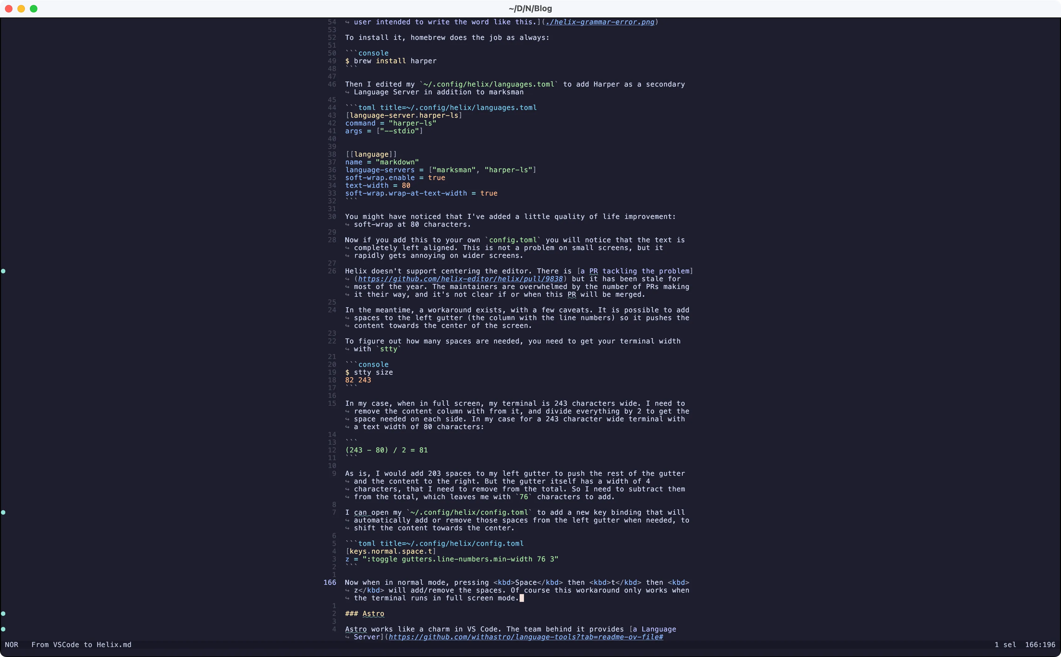 A screenshot of Helix editing markdown. The column is 80 character wide and centered in the screen.