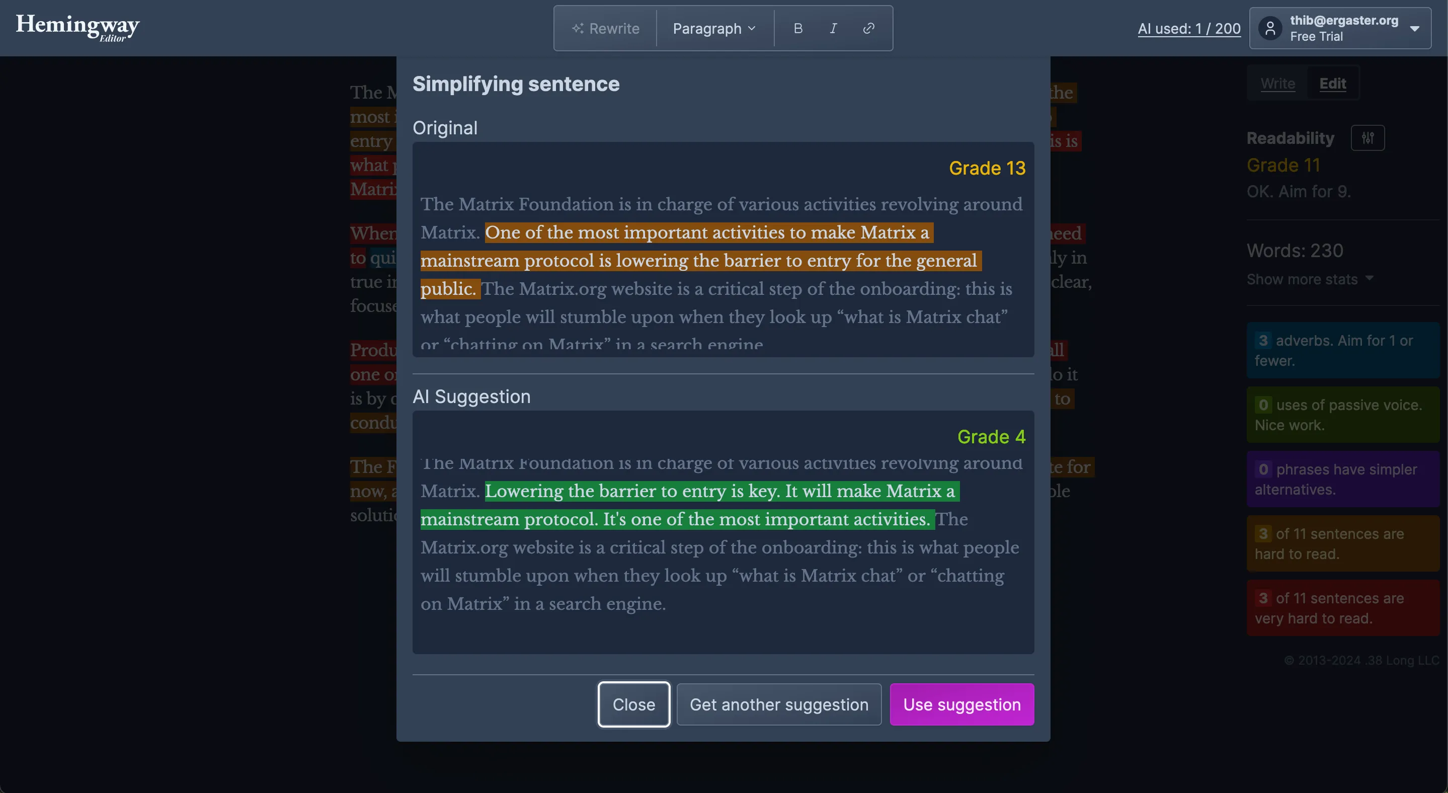 A screenshot of the Hemingway app. There is a pop-up with two frames on top of each other. The one on top highlights a sentence that Hemingway thinks is problematic. The one at the bottom shows a suggestion given by an AI. There are three buttons at the bottom: "Close", "Get another suggestion", and "Use suggestion"