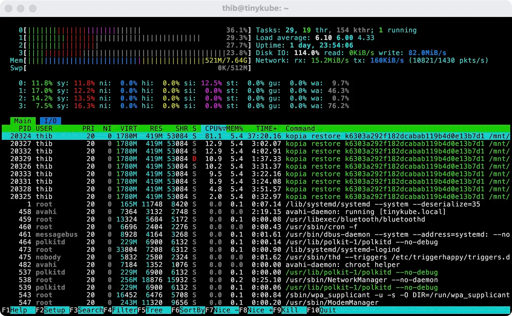 A screenshot of htop showing CPUs mildly occupied, with a wait time above 40% for two of the 4 CPUs.