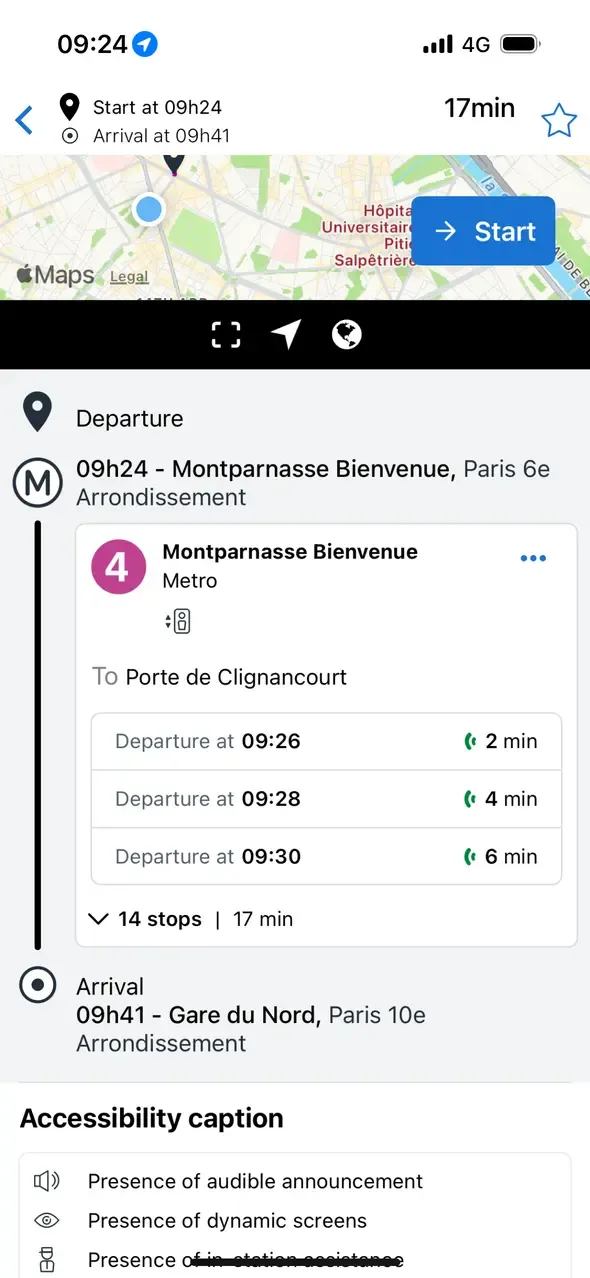 A screenshot of the Paris Metro app showing the various stops on a Metro line to go somewhere.