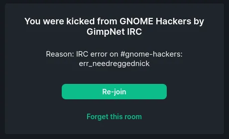 Screenshot of someone being kicked from the gnome-hackers rooms
