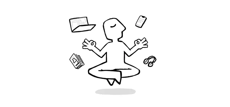 A doodle of someone meditating between a laptop, smartphone, headphones, and copy of the book Deep Work all levitating around him