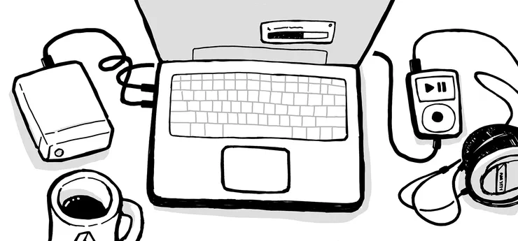 A doodle of a laptop connected to an external hard drive and a portable music player that resembles an iPod Classic. There are also a coffee mug and headphones next to them.