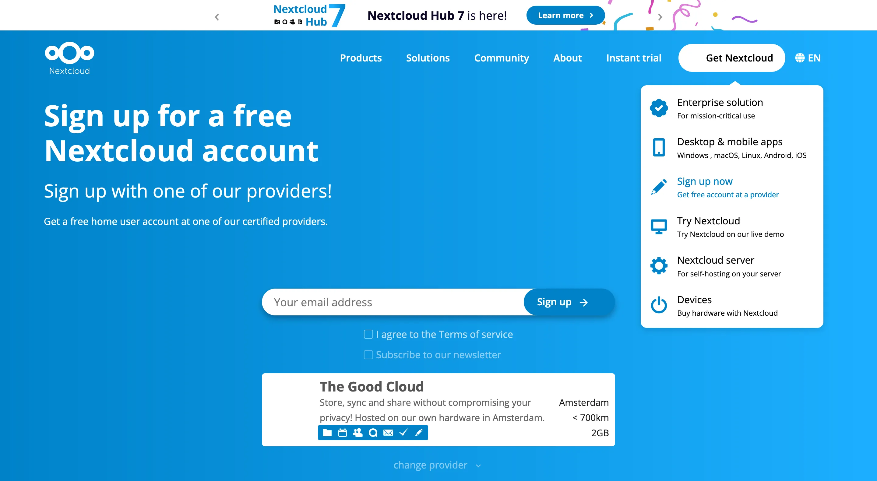 A screenshot of the Nextcloud website prompting the user for their email address, and offering them to get started with a provider near them.
