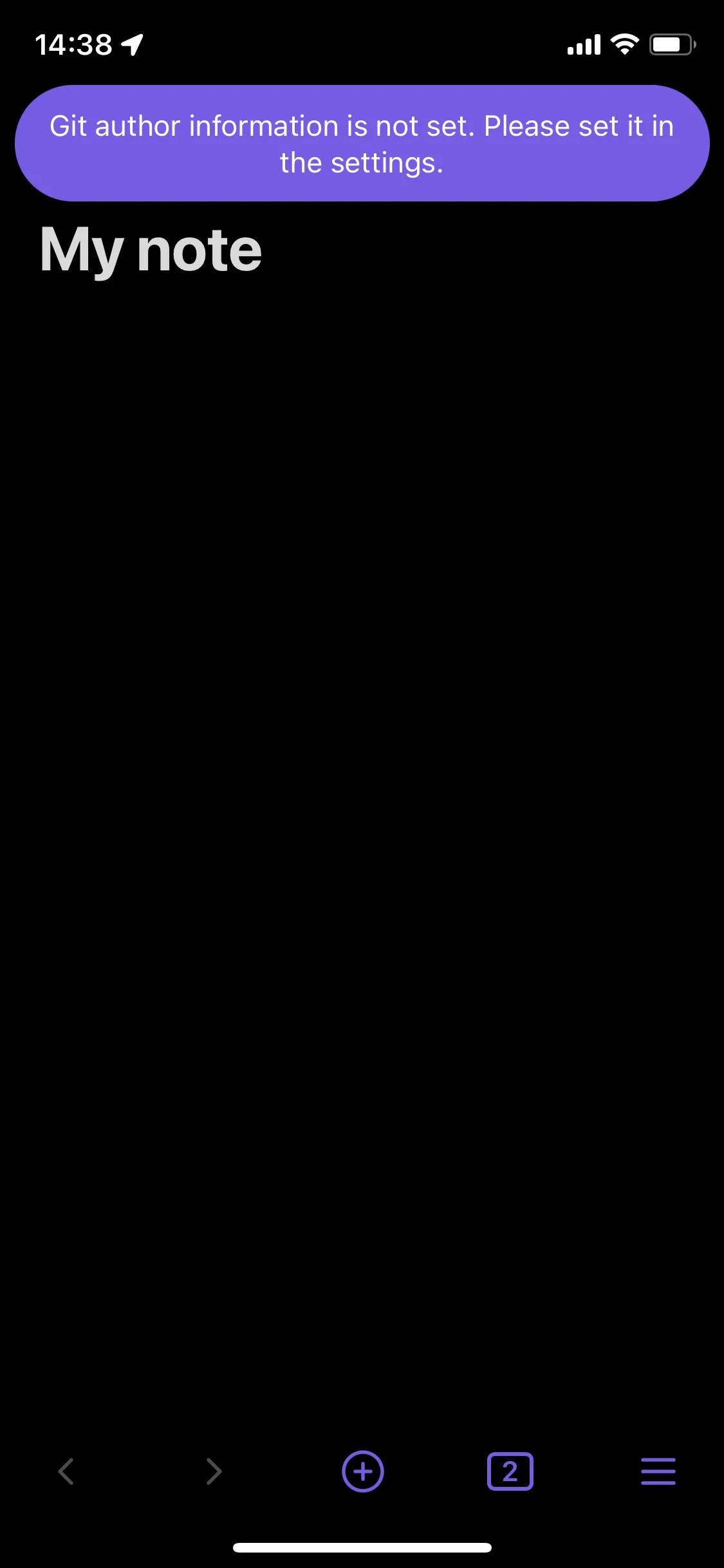 A screenshot of Obsidian on iOS. There's a toast notification saying "Git author information is not set. Please set it in the settings."