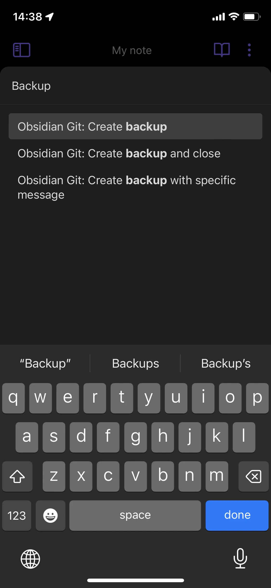 A screenshot of Obsidian on iOS with a bottom sheet. The user is looking up "Backup" and it yields entries about creating a backup.
