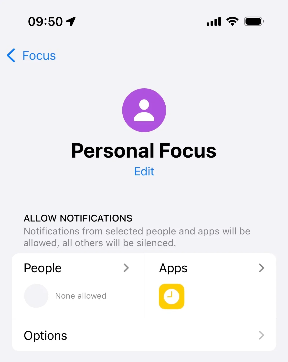 A screenshot of the Personal Focus settings on iOS. It shows that it doesn't allow notifications from anyone nor from any apps. There's an "options" menu for finer grained control.