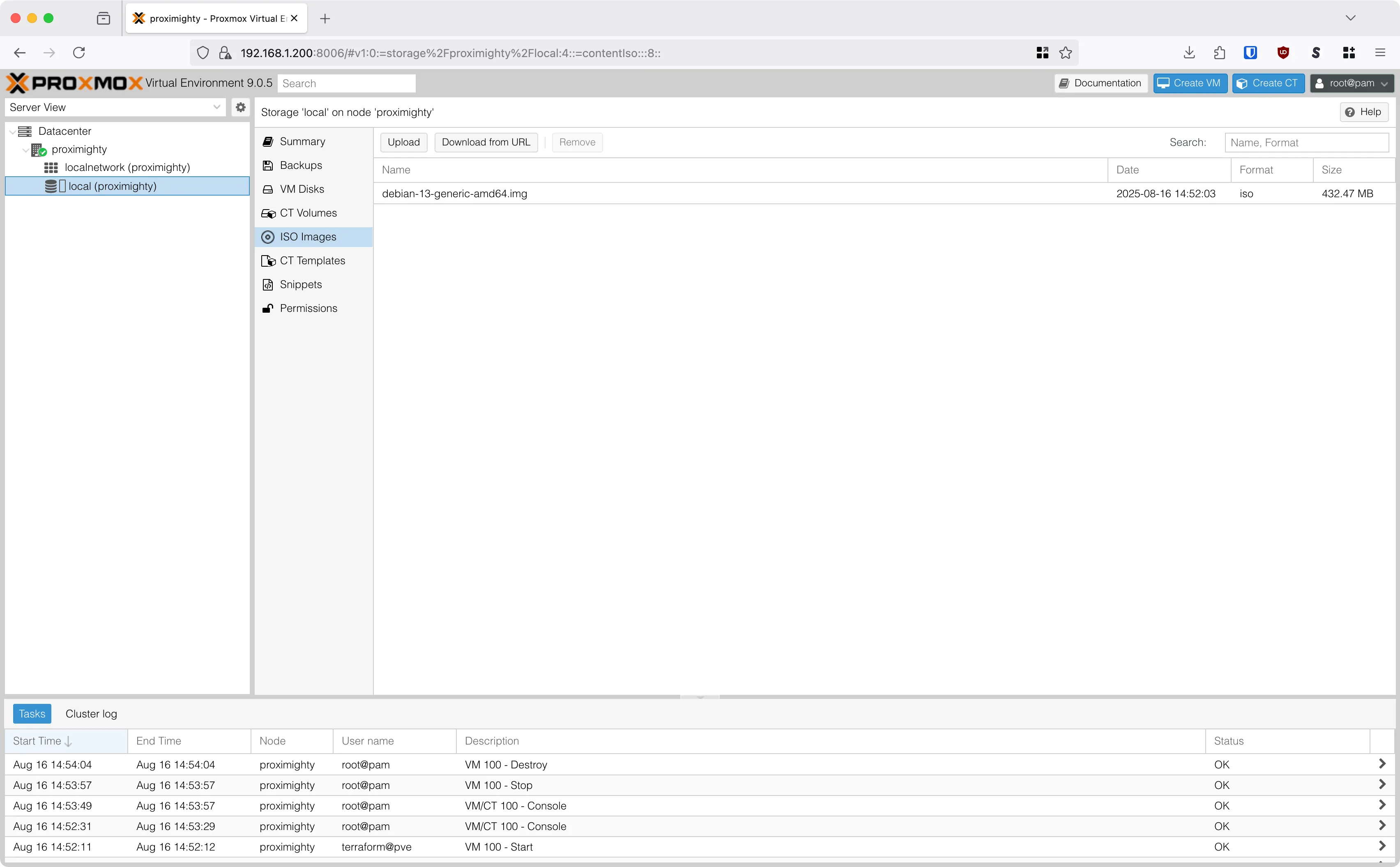 A screenshot of the Proxmox UI showind that there is a cloud image of Debian 13 in the local storage of Proxmox