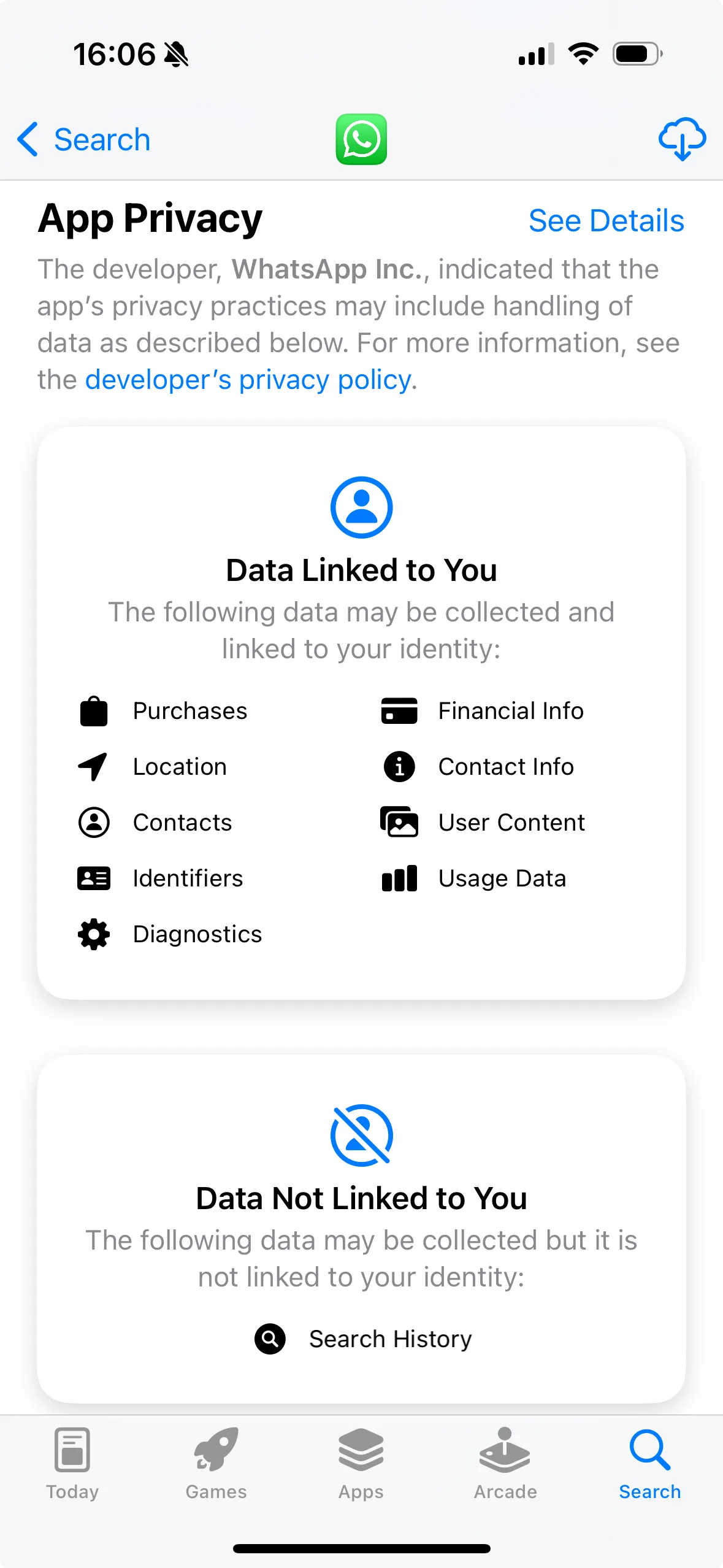 A screenshot of the iOS App Store displaying the "App Privacy" section of WhatsApp. A lot of items are mentioned in the "Data Linked to You" section.